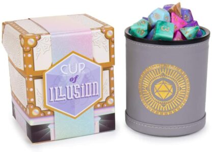 Wiz Dice Cup of Illusion: 5 Sets of 7 Premium Polyhedral Role Playing Gaming Dice for Tabletop RPGs with Bicast Leather Dice Cup
