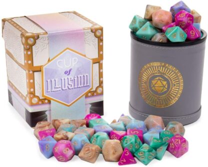 Wiz Dice Cup of Illusion: 5 Sets of 7 Premium Polyhedral Role Playing Gaming Dice for Tabletop RPGs with Bicast Leather Dice Cup - Image 2