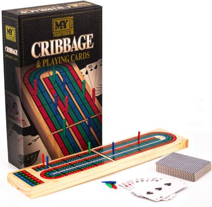 Deluxe Solid Wood Cribbage Board & Playing Cards Traditional Card Game