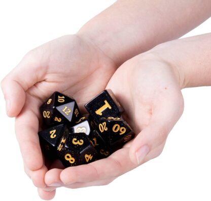 Titan Dice: Stardust - 25mm Giant 7 Pcs Polyhedral Set - Black Glitter Color Game Pieces with Gold Engraved Numbers in Display Case - Image 4