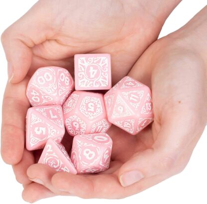 Titan Dice: Calliope - 25mm Giant Polyhedral Dice 7-Piece Set & Engraved Wooden Display Box - Pink Color with White Numbers - Image 2
