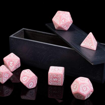 Titan Dice: Calliope - 25mm Giant Polyhedral Dice 7-Piece Set & Engraved Wooden Display Box - Pink Color with White Numbers - Image 4