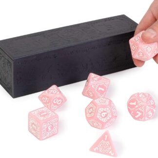 Titan Dice: Calliope - 25mm Giant Polyhedral Dice 7-Piece Set & Engraved Wooden Display Box - Pink Color with White Numbers