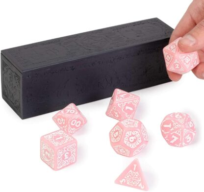 Titan Dice: Calliope - 25mm Giant Polyhedral Dice 7-Piece Set & Engraved Wooden Display Box - Pink Color with White Numbers