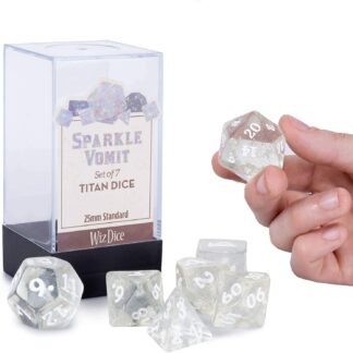 Titan Dice: Sparkle Vomit - 25mm Giant 7 Pcs Polyhedral Set - White Glitter Color Game Pieces with Engraved Numbers with Display Case