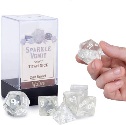 Titan Dice: Sparkle Vomit - 25mm Giant 7 Pcs Polyhedral Set - White Glitter Color Game Pieces with Engraved Numbers with Display Case