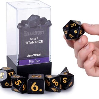 Titan Dice: Stardust - 25mm Giant 7 Pcs Polyhedral Set - Black Glitter Color Game Pieces with Gold Engraved Numbers in Display Case