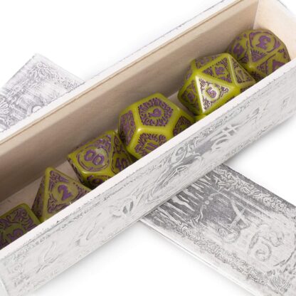 Titan Dice Achlys - 7 Giant Polyhedral Dice Set - 25mm Jumbo Dice - Green Color with Purple Amethyst Numbers - Wooden Carrying Box - Image 2