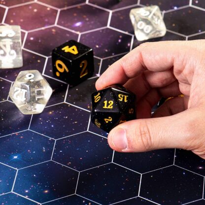 Titan Dice: Stardust - 25mm Giant 7 Pcs Polyhedral Set - Black Glitter Color Game Pieces with Gold Engraved Numbers in Display Case - Image 5