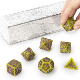 Titan Dice Achlys - 7 Giant Polyhedral Dice Set - 25mm Jumbo Dice - Green Color with Purple Amethyst Numbers - Wooden Carrying Box