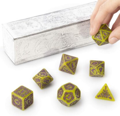 Titan Dice Achlys - 7 Giant Polyhedral Dice Set - 25mm Jumbo Dice - Green Color with Purple Amethyst Numbers - Wooden Carrying Box