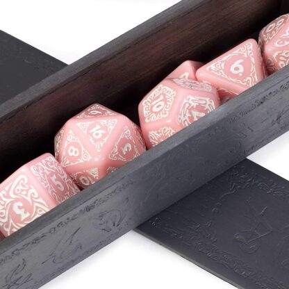 Titan Dice: Calliope - 25mm Giant Polyhedral Dice 7-Piece Set & Engraved Wooden Display Box - Pink Color with White Numbers - Image 3