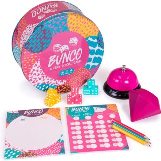 Bunco: A Very Social Game | 12-Player Party Dice Game | Includes Dice, Scorecards, Pencils, Bell, & Squishy Traveling Jewel