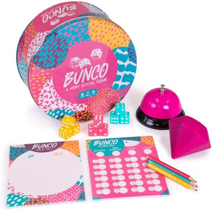 Bunco: A Very Social Game | 12-Player Party Dice Game | Includes Dice, Scorecards, Pencils, Bell, & Squishy Traveling Jewel