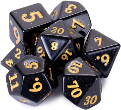 Titan Dice: Stardust - 25mm Giant 7 Pcs Polyhedral Set - Black Glitter Color Game Pieces with Gold Engraved Numbers in Display Case - Image 3
