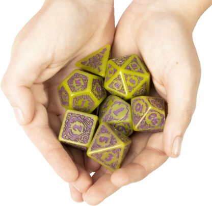 Titan Dice Achlys - 7 Giant Polyhedral Dice Set - 25mm Jumbo Dice - Green Color with Purple Amethyst Numbers - Wooden Carrying Box - Image 3