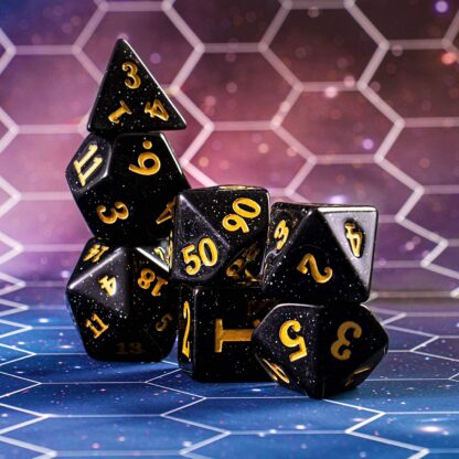Titan Dice: Stardust - 25mm Giant 7 Pcs Polyhedral Set - Black Glitter Color Game Pieces with Gold Engraved Numbers in Display Case - Image 2