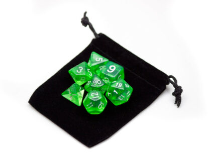 7 Die Polyhedral Dice Set In Velvet Pouch- Translucent Green - Image 3