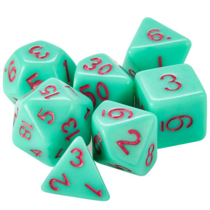 Set Of 7 Dice - Mystic Matcha - Solid Green With Red Paint - Image 2