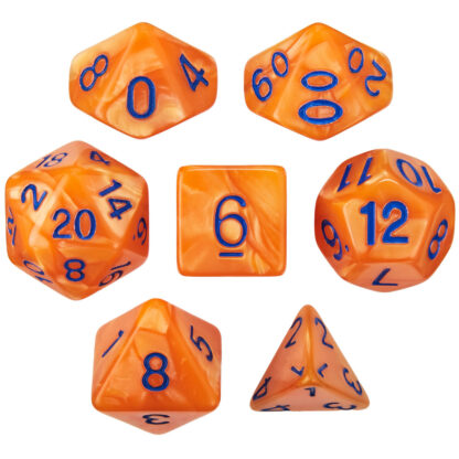Set Of 7 Dice - Kingfisher - Pearlized Orange With Blue Paint