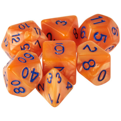 Set Of 7 Dice - Kingfisher - Pearlized Orange With Blue Paint - Image 3