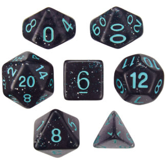 Set Of 7 Dice - Midnight Runes - Transparent Gray With Green Glitter And Paint
