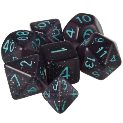 Set Of 7 Dice - Midnight Runes - Transparent Gray With Green Glitter And Paint - Image 2