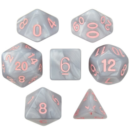 Set Of 7 Dice - Fairy Quartz - Pearlized Gray With Pink Paint