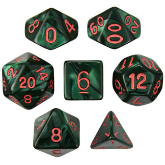 Set Of 7 Dice - Cinderbloom - Pearlized Green With Red Paint