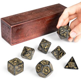 Titan Dice NYX - 7 Giant Polyhedral Dice Set - 25mm Jumbo Dice - Green Color with Purple Amethyst Numbers - Wooden Carrying Box