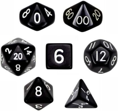 7 Die Polyhedral Dice Set - Solid Black with Velvet Pouch