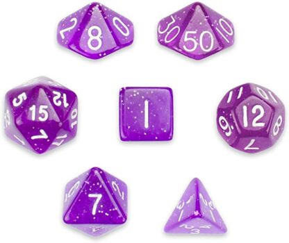 7 Die Polyhedral Dice Set - Arcane Aura (Purple Glitter) with Velvet Pouch
